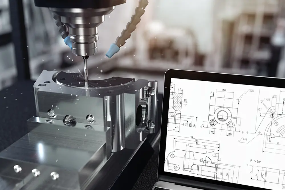 CNC-Fräse bearbeitet ein Metallteil, daneben ein Laptop mit technischer Zeichnung