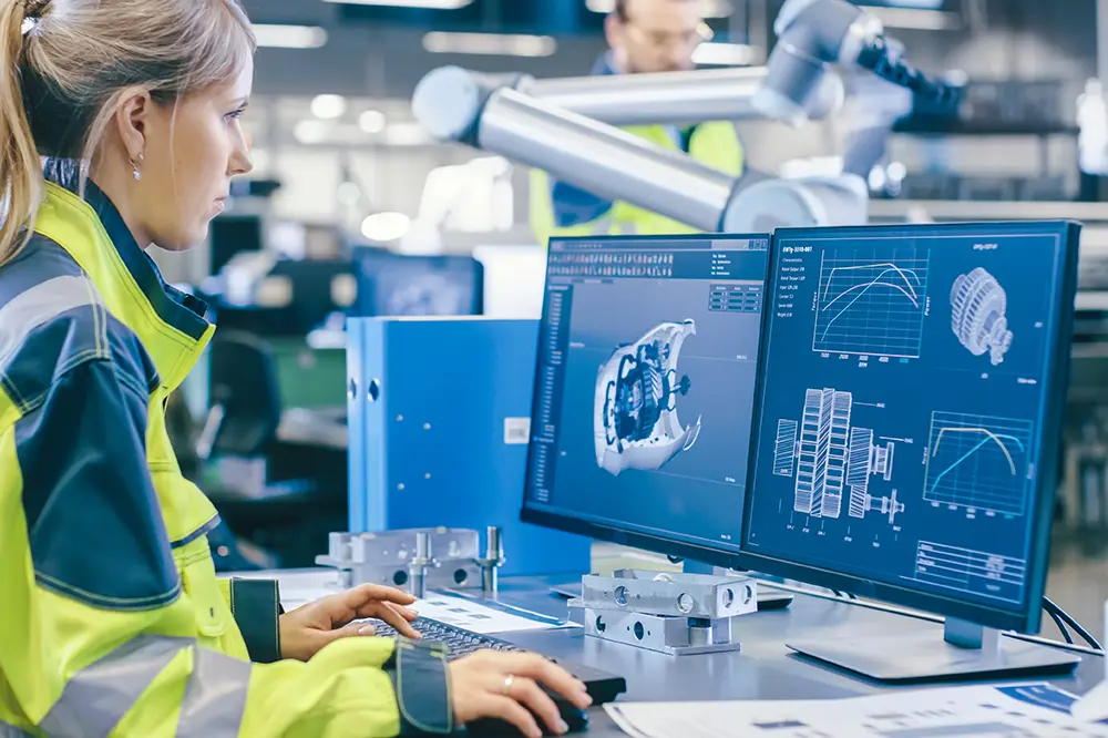 Ingenieurin und Ingenieur an Monitoren mit Konstruktionsdaten in einer Fertigung