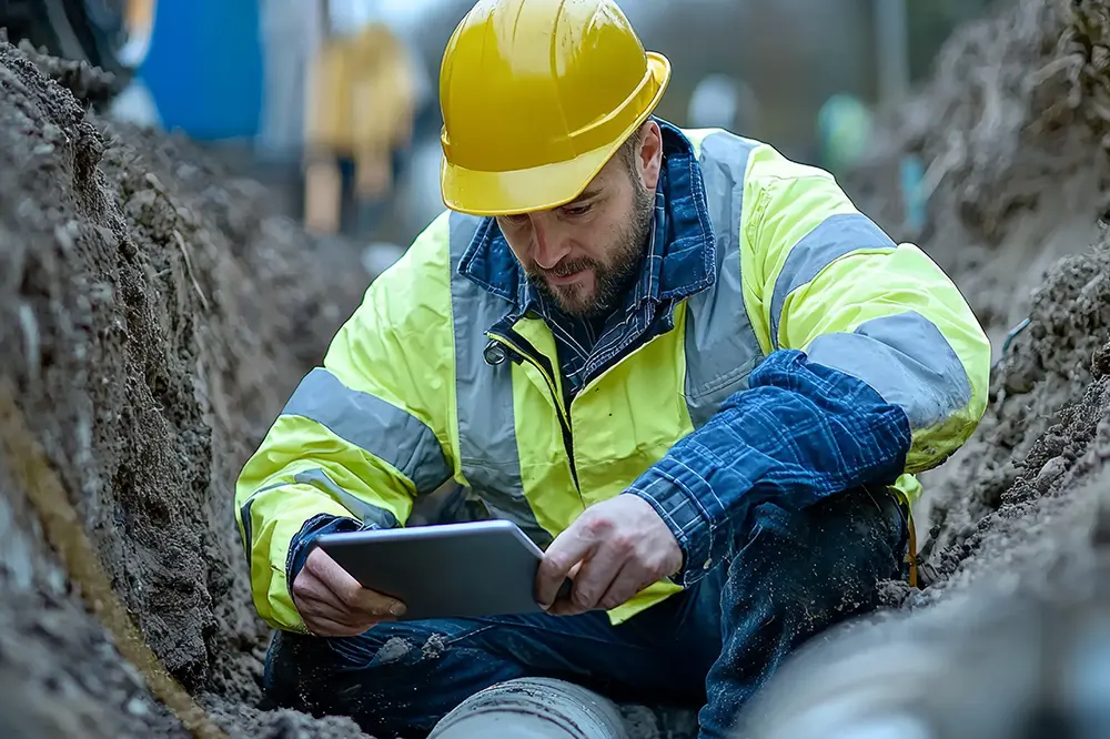 Bauarbeiter mit Schutzhelm und Warnjacke arbeitet in einem Graben mit einem Tablet