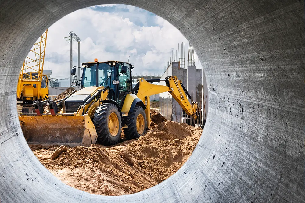 Radlader auf einer Baustelle, durch ein Betonrohr fotografiert