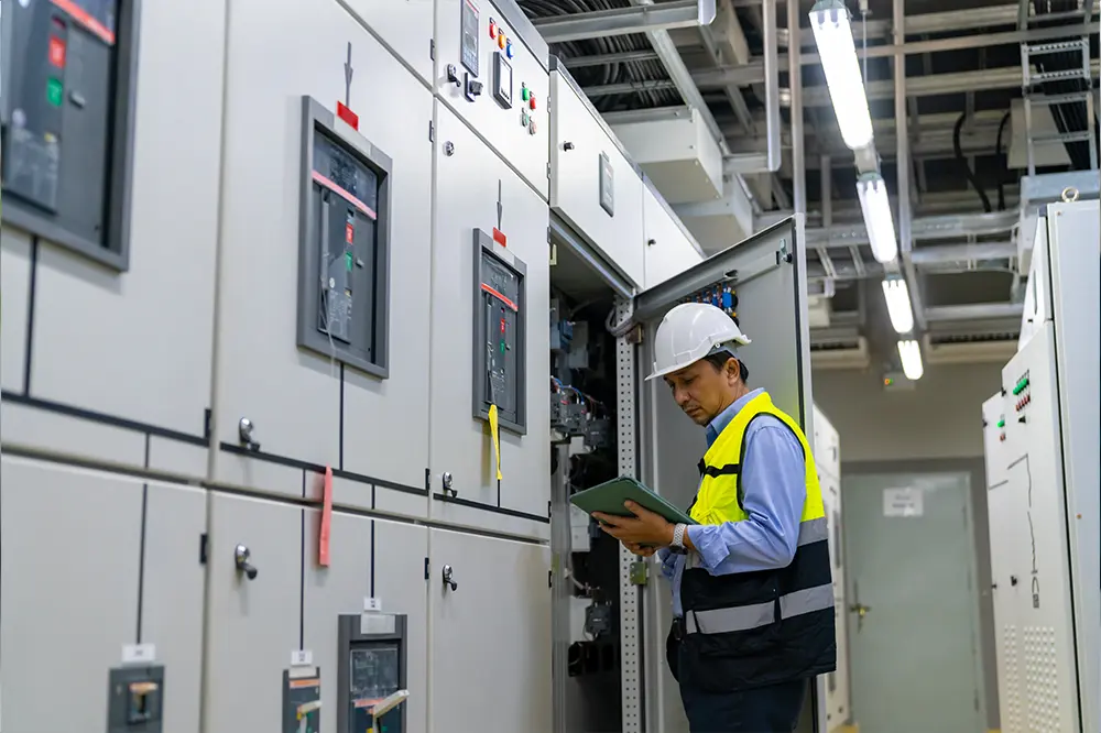 Elektriker mit Schutzhelm und Warnweste prüft einen Schaltschrank